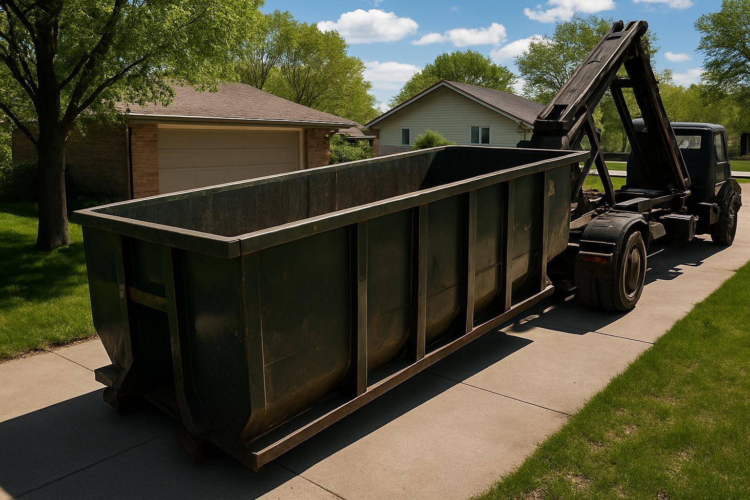 Dumpster positioned beside residential driveway in Nebraska
