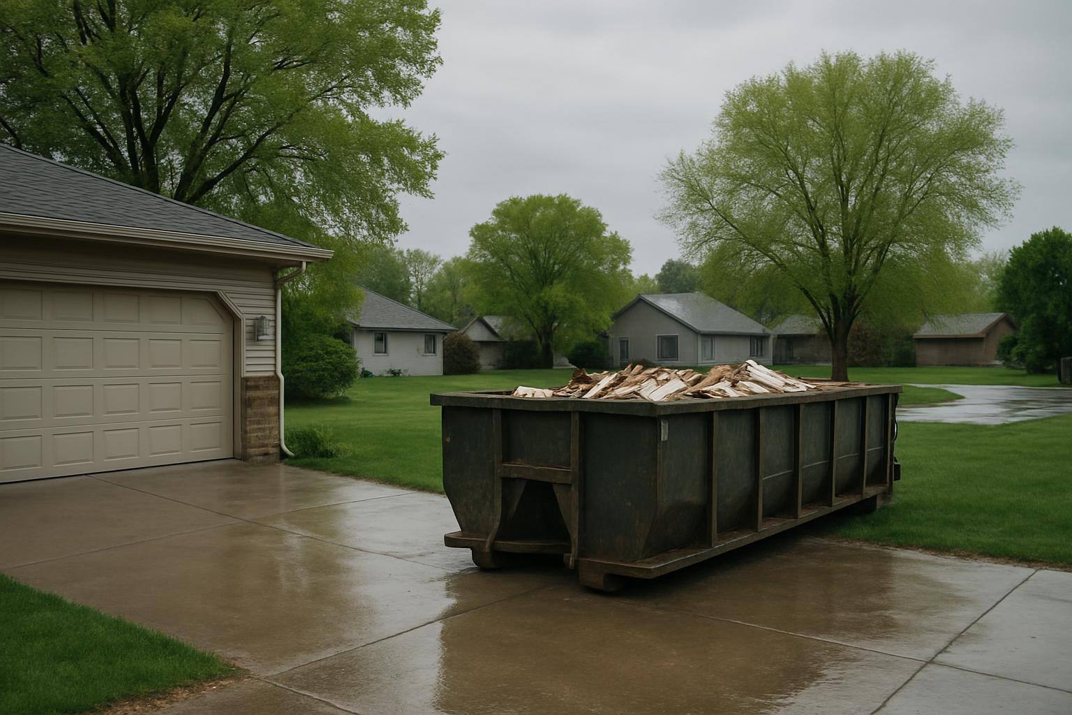Roll-off dumpster beside home renovation debris in Eagle, NE