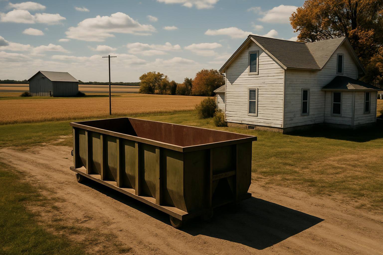 Dumpster beside farmhouse in open landscape in Nebraska